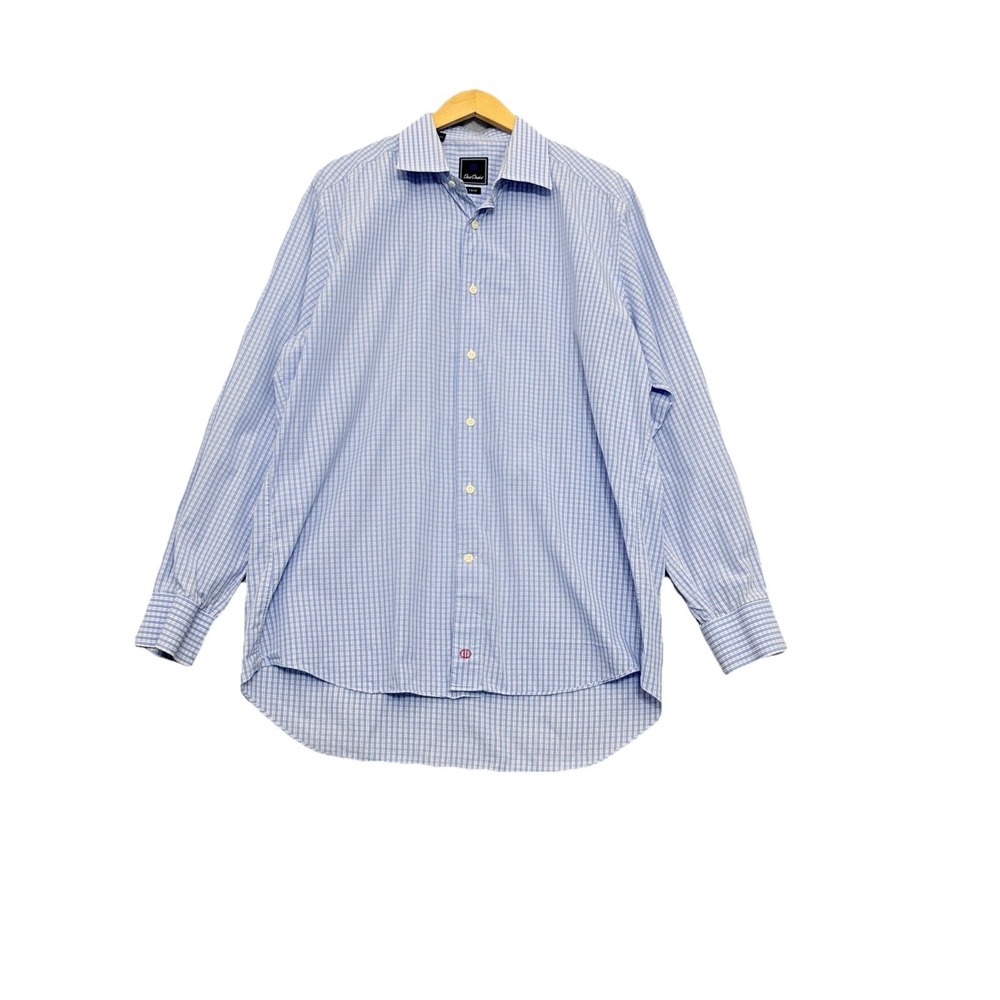 David Donahue Shirt Trim Fit Size 17.5 34/35‎ Men's Blue Gingham Plaid Preppy